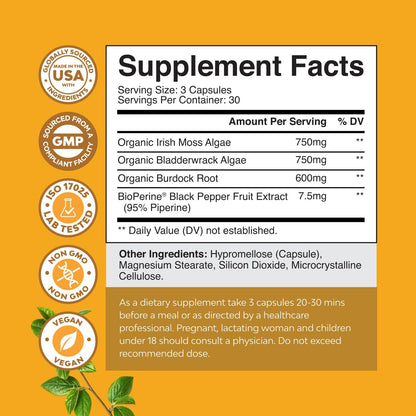 Natures Craft Irish Sea Moss Capsules – Superfood Complex with Bladderwrack, Burdock Root and BioPerine for Immune Support, Skin Health and Thyroid Support (Vegan, Non-GM, 90 Count)