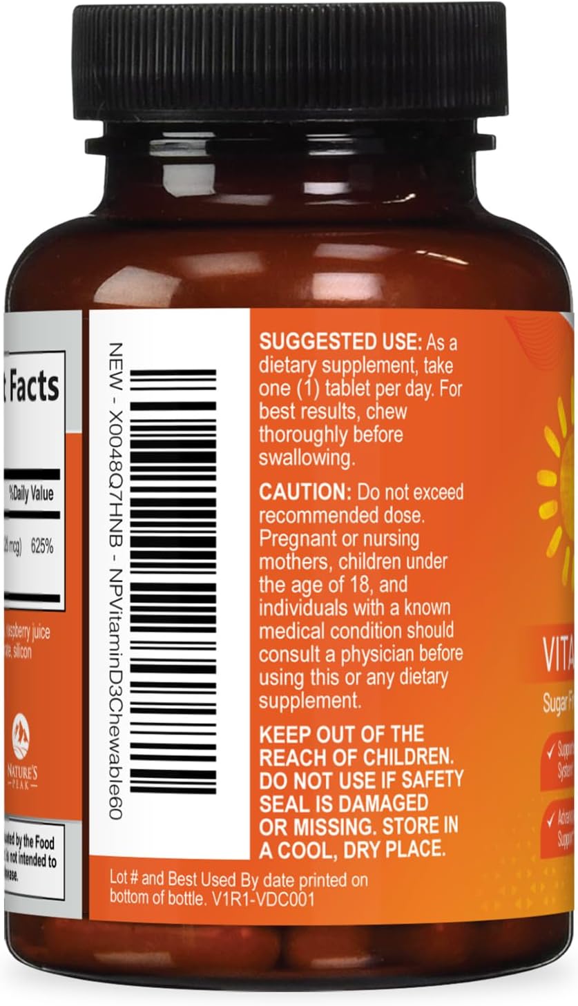 Vitamin D3 5000 IU (125 mcg) Chewable Tablets - Vegan, Gluten-free, Natural Raspberry Flavour - 60 Count - görsel 8