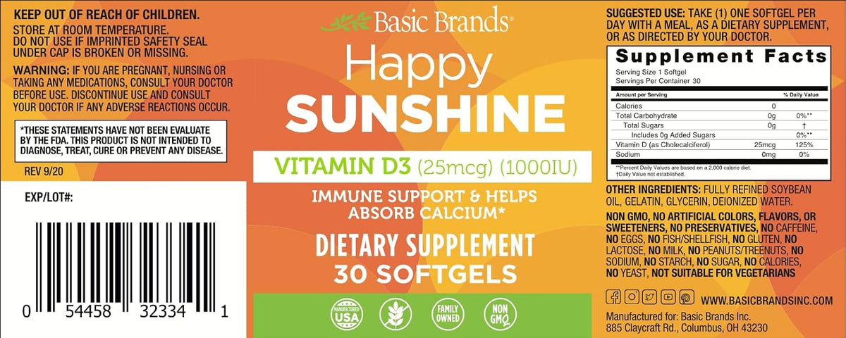 Basic Brands Happy Sunshine Vitamin D3 1000 IU (25 mcg) – Immune Support, Bone & Muscle Health – Gluten-free, Non-GMO – 30 Softgels - görsel 4