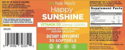 Basic Brands Happy Sunshine Vitamin D3 1000 IU (25 mcg) – Immune Support, Bone & Muscle Health – Gluten-free, Non-GMO – 30 Softgels