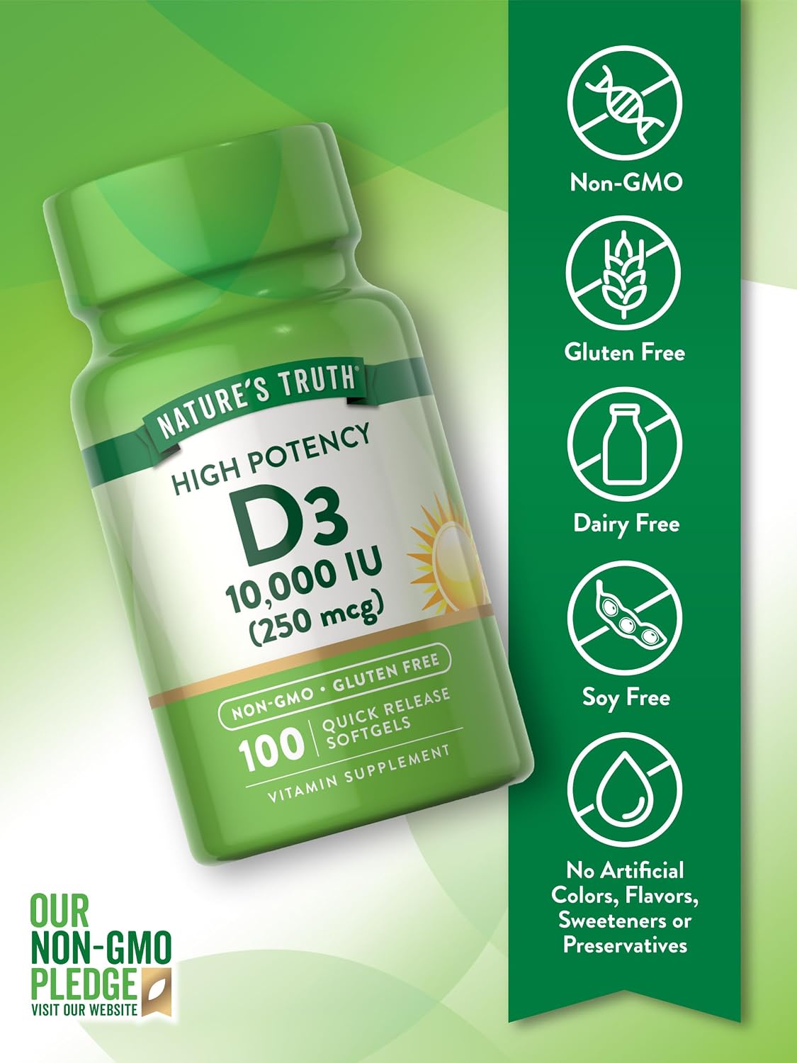 Nature's Truth Vitamin D3 10,000 IU Softgels – 100 Capsules – High Strength, Non-GMO, Gluten-free - görsel 3