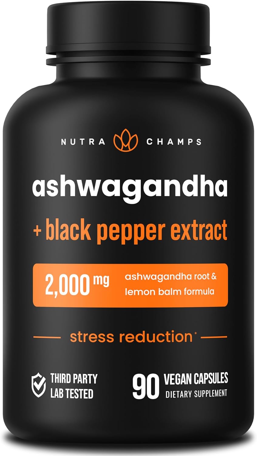 NutraChamps Organic Ashwagandha Capsules - 2000mg with Lemon Balm & Black Pepper for Stress and Mood Support - görsel 1
