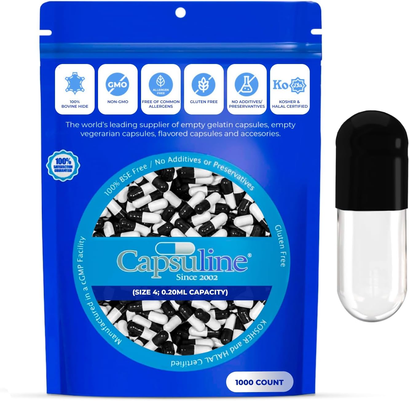 Capsuline Size 4 Empty Gelatine Capsules, Black/Clear - 1000 Capsules - görsel 1