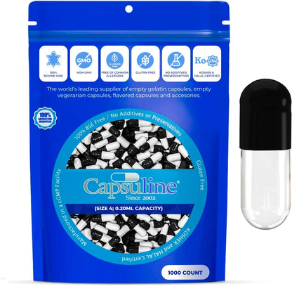 Capsuline Size 4 Empty Gelatine Capsules, Black/Clear - 1000 Capsules
