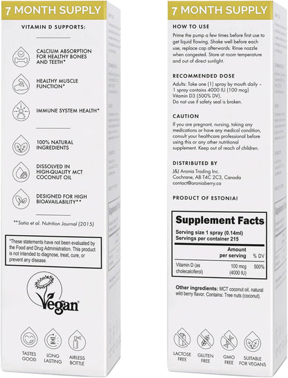 NorVita Vitamin D3 Spray 4000 IU - High Absorption Vegan Oral Spray for Bone & Immune Support (30 ml, 215 Doses)