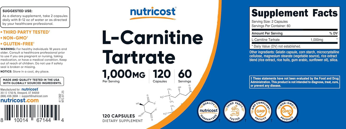 Nutricost L-Carnitine Tartrate 1000mg, 120 Capsules - görsel 6