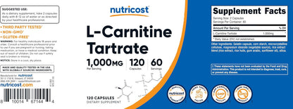Nutricost L-Carnitine Tartrate 1000mg, 120 Capsules