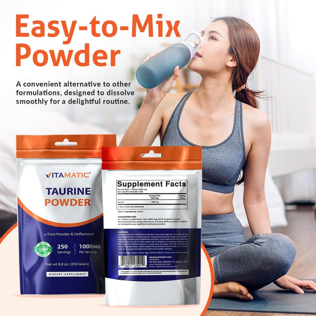 Vitamatic Pure Taurine 1000mg - 250 Servings, Non-GMO, Gluten-free - görsel 3