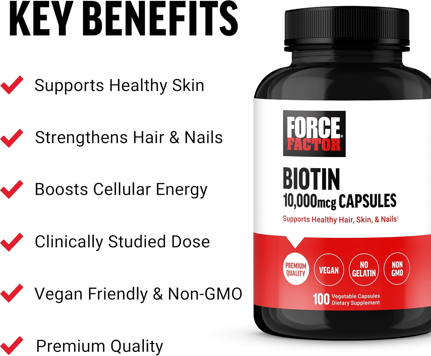 Force Factor Biotin 10000mcg – Vegan Biotin Supplement for Hair, Skin and Nails - görsel 2