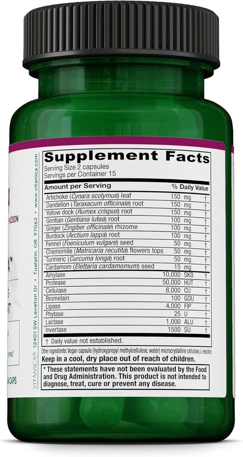 Vitanica Bitters Extra - Digestion Support Supplement with Dandelion Root, Ginger, Turmeric & Plant Enzymes - Vegan - 30 Capsules - görsel 2