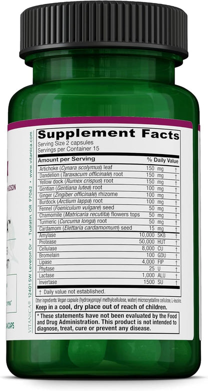 Vitanica Bitters Extra - Digestion Support Supplement with Dandelion Root, Ginger, Turmeric & Plant Enzymes - Vegan - 30 Capsules