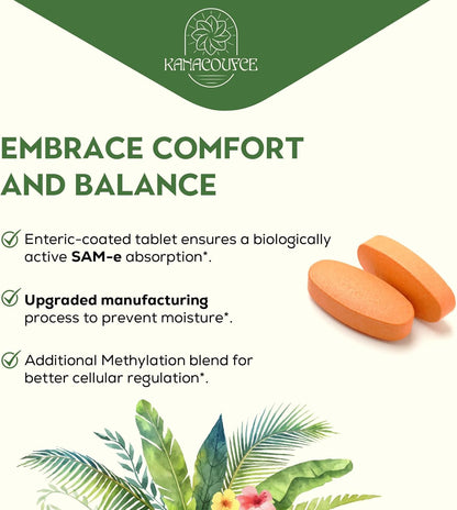 Kanacoufce SAM-e 1100mg – Highest Activity S,S Form – with B Vitamins – 60 Vegan Tablets
