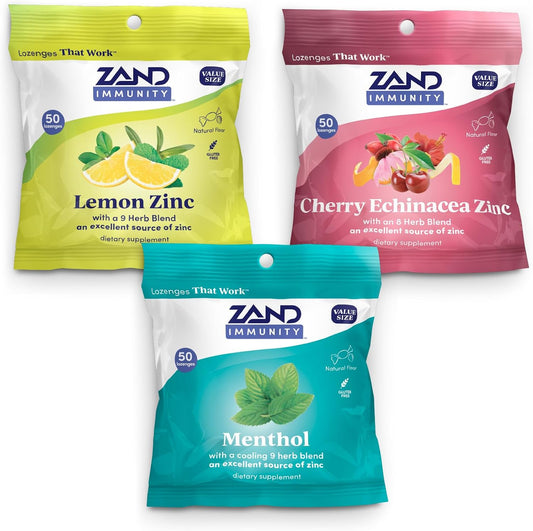 ZAND Immunity Variety 3 Pack - Lemon Zinc, Menthol, Cherry Echinacea Zinc Throat Lozenges - 50 lozenges each