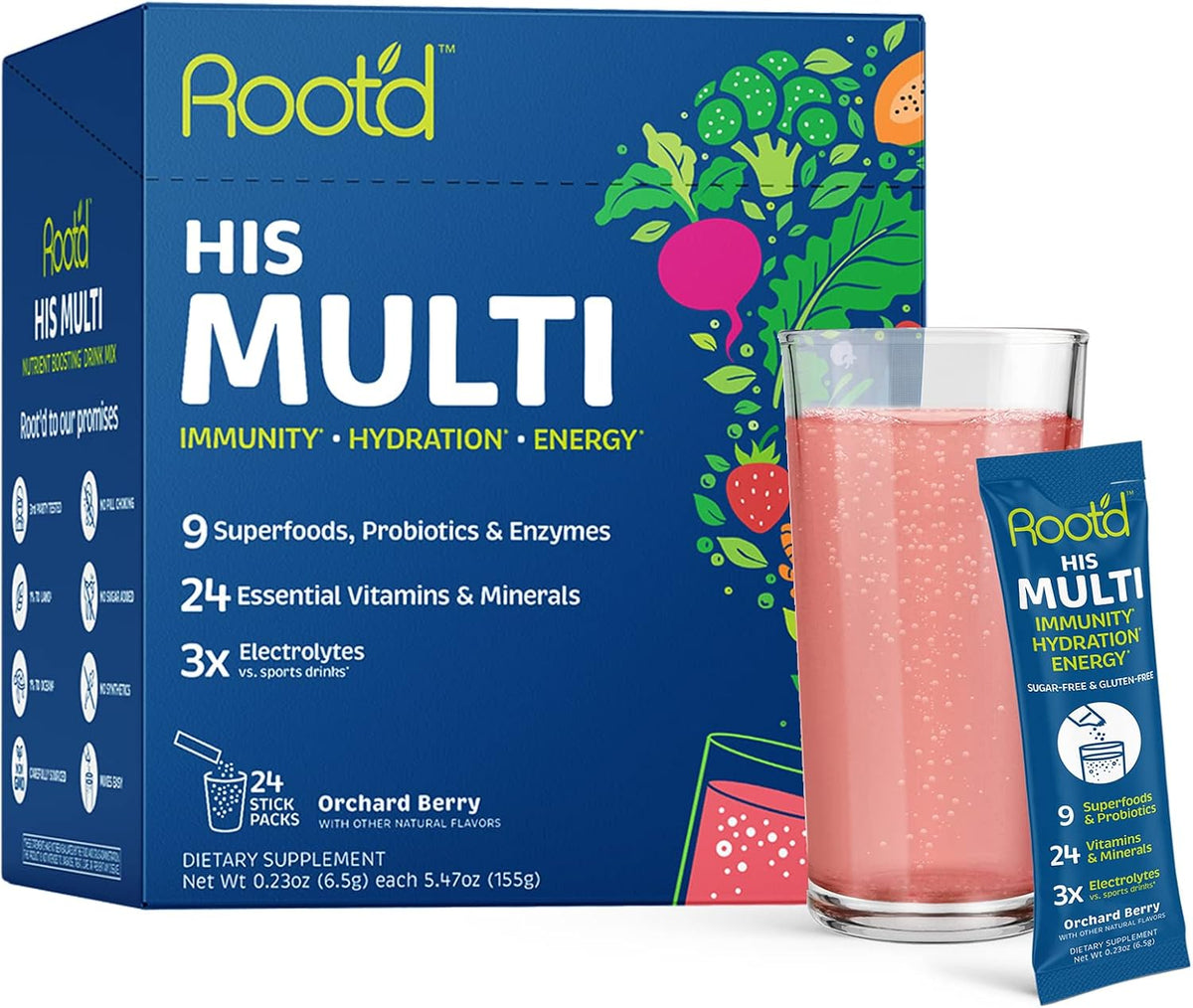 Root'd Multivitamin Powder with 3X Electrolytes for Men - 24 Vitamins & Minerals, 9 Organic Superfoods, Probiotics & Enzymes, Sugar-Free Hydration & Nutrition | 24 Packets - görsel 1