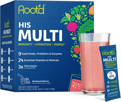 Root'd Multivitamin Powder with 3X Electrolytes for Men - 24 Vitamins & Minerals, 9 Organic Superfoods, Probiotics & Enzymes, Sugar-Free Hydration & Nutrition | 24 Packets