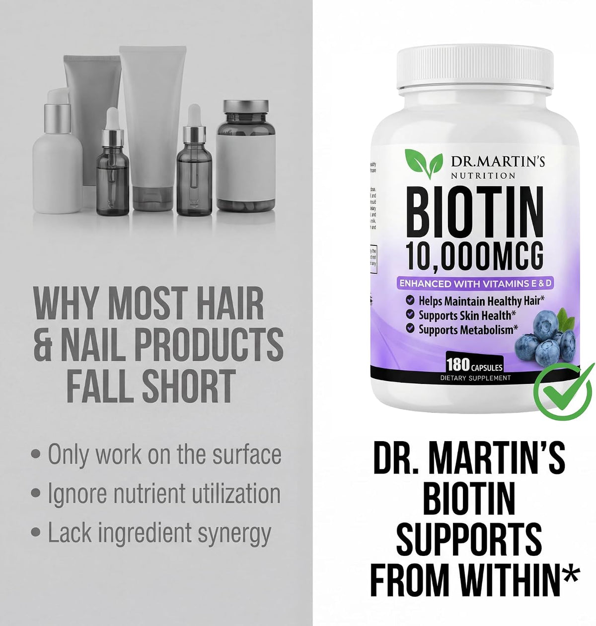 DR. MARTIN'S NUTRITION Biotin 10,000 mcg with Vitamins D3 & E – 180 Capsules - görsel 5