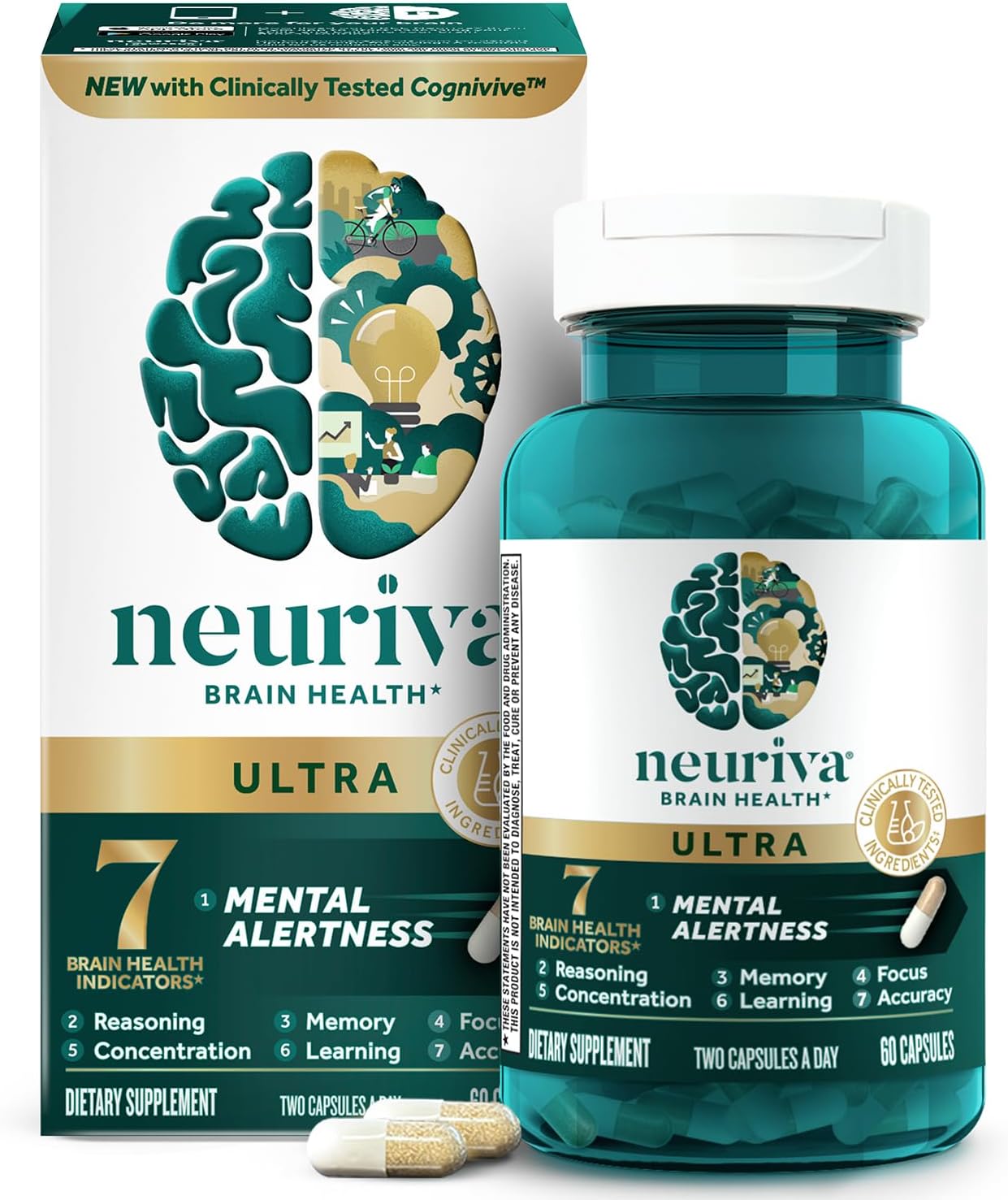 NEURIVA Ultra Brain Supplements for Memory and Focus with Phosphatidylserine, Neurofactor, Cognivive, Folic Acid, Vitamin B12 and Vitamin B6, 60 Capsules - görsel 1