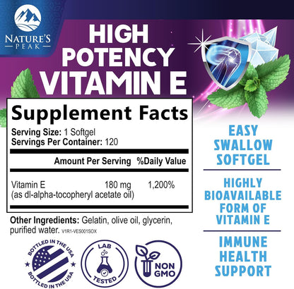 Nature's Peak Vitamin E 180 mg Soft gel capsules – Antioxidant Support for Skin, Immune and Cardiovascular Health – Non-GM, Gluten-free – 120 Soft gel capsules