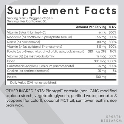 Sports Research Vitamin B-Complex - Full Spectrum B Vitamins with Methylated B12 & Folate, 120 Vegan Softgels