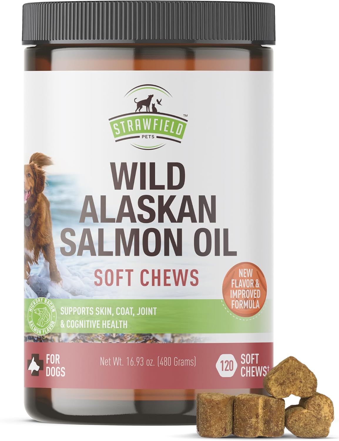 Strawfield Pets Salmon Dog Chews Omega-3 Fish Oil Chews with Wild Alaskan Salmon Oil Skin & Coat + Seasonal Allergy Support Hip & Joint Dog Supplement + EPA & DHA Made in USA - görsel 1