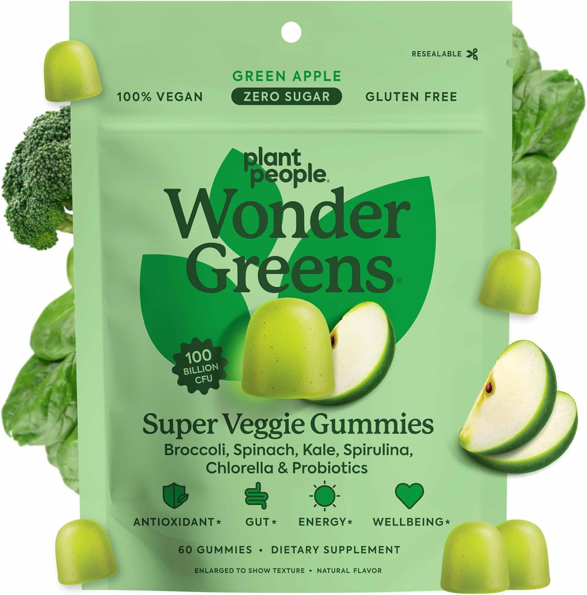 Plant People WonderGreens Veggie Gummies - Super Greens with Probiotics, Green Apple (60 Gummies) - görsel 1