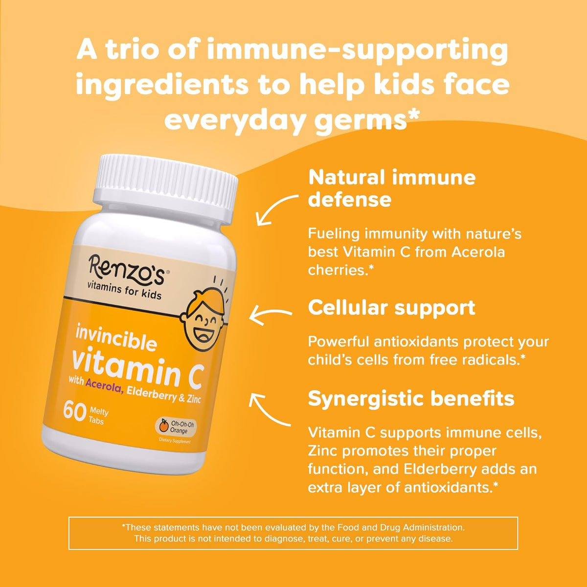 Renzo's Invincible Kids Vitamin C with Elderberry – Sugar-Free Dissolvable Melty Tabs, Orange Flavour, 60 Count - görsel 3