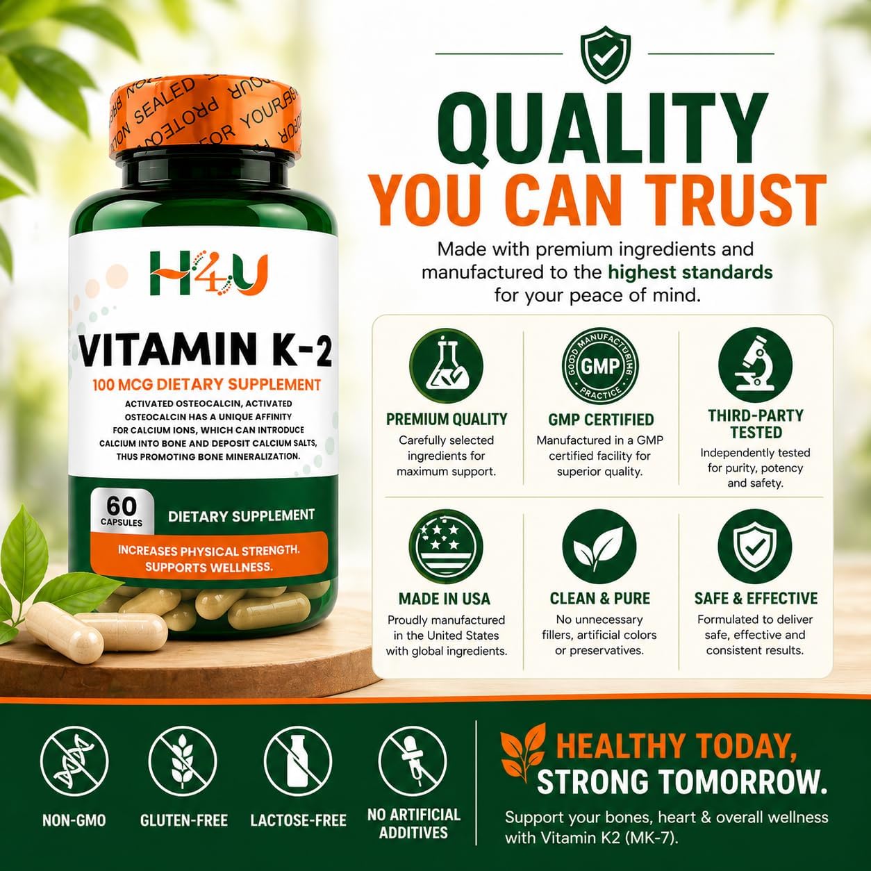 H4U Vitamin K2 MK-7 100 mcg – 60 Veggie Capsules – Supports Bone & Heart Health - görsel 7
