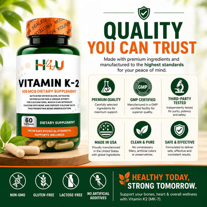 H4U Vitamin K2 MK-7 100 mcg – 60 Veggie Capsules – Supports Bone & Heart Health