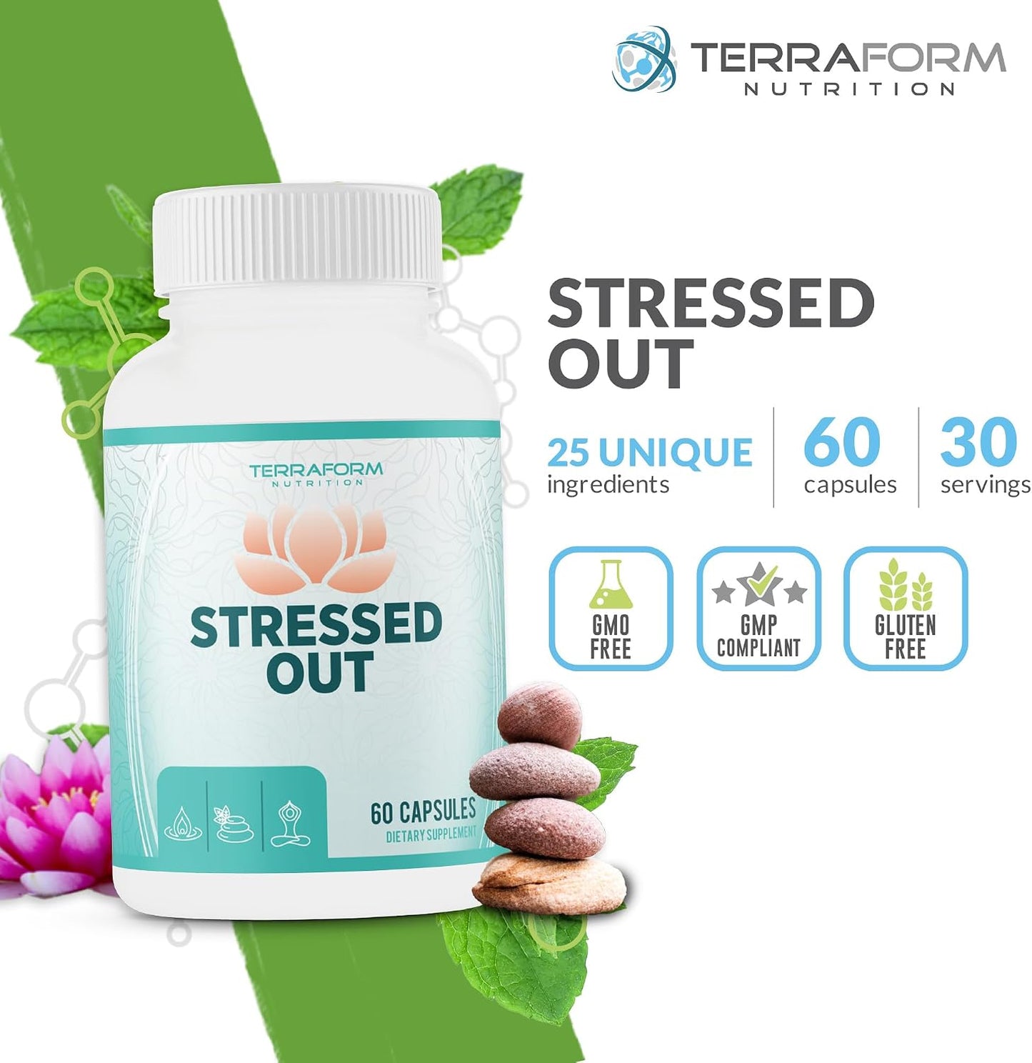 TerraForm Nutrition Stressed Out – Mental Focus & Relaxation Supplement – 60 Capsules – Made in USA - görsel 2