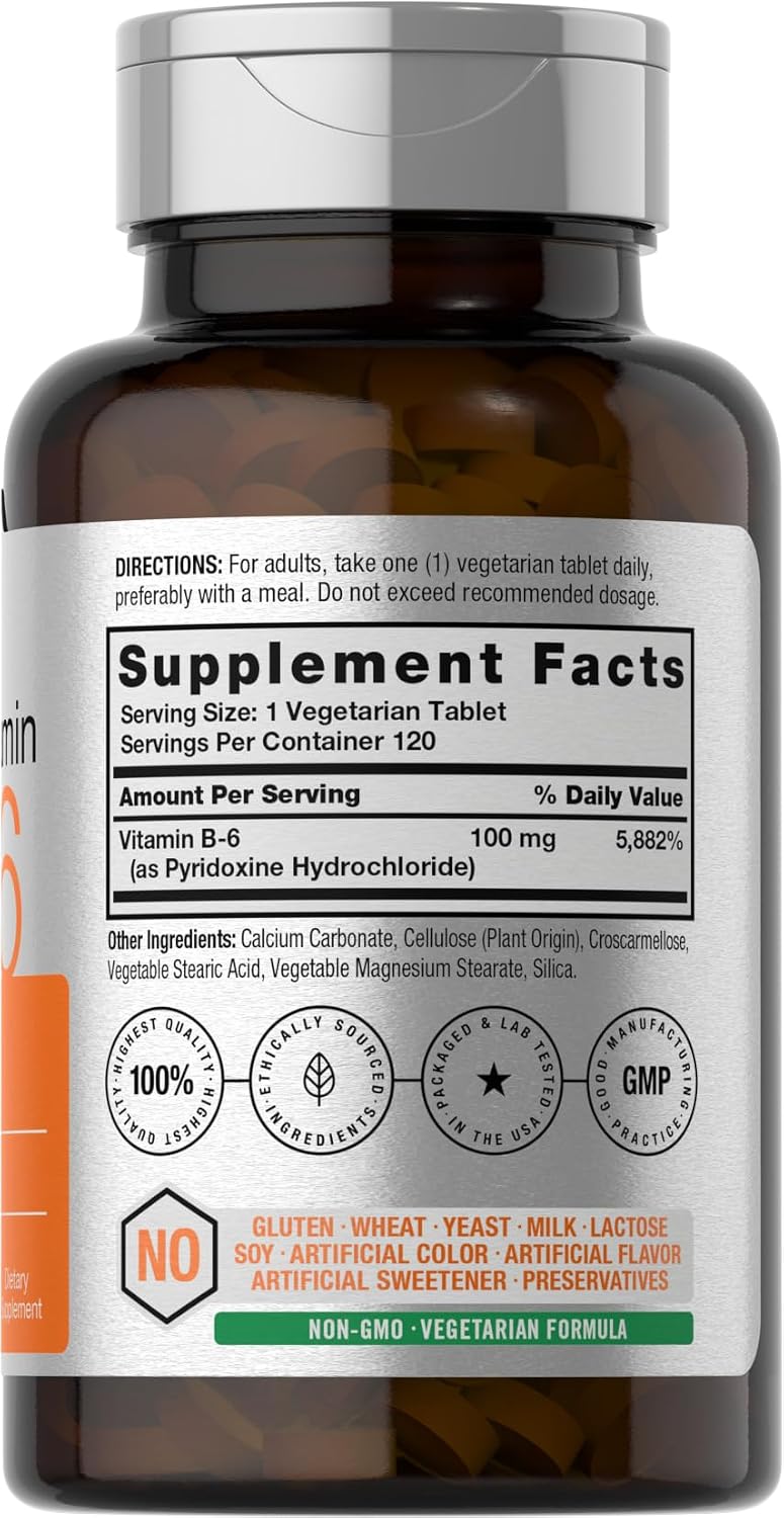 Horbaach Vitamin B6 100mg, 120 Tablets - Pyridoxine Hydrochloride - Vegetarian, Non-GMO and Gluten-free - görsel 2