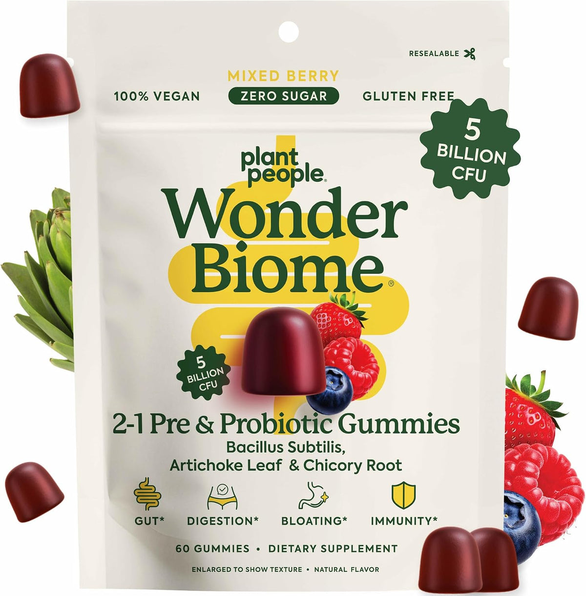 Plant People WonderBiome 2-in-1 Prebiotic + Probiotic Gummies – Zero-Sugar Vegan Digestive Health & Bloating Relief - görsel 1
