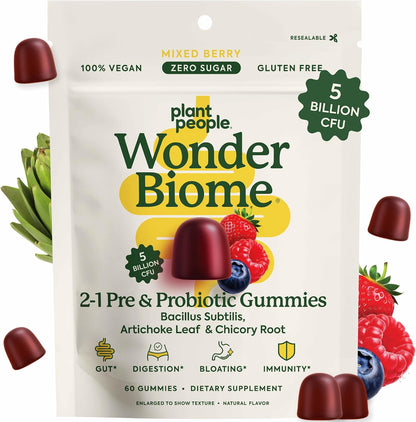 Plant People WonderBiome 2-in-1 Prebiotic + Probiotic Gummies – Zero-Sugar Vegan Digestive Health & Bloating Relief