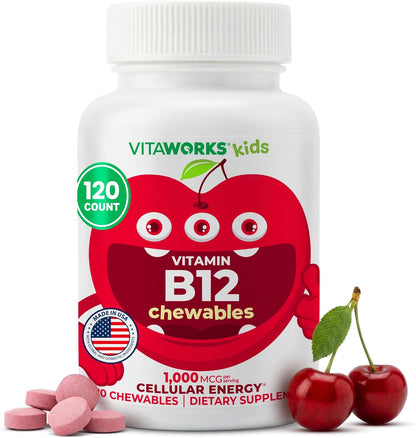 VitaWorks Vitamin B12 for Children 1000 mcg Chewable Tablets - Cherry, Vegan, 120 Count
