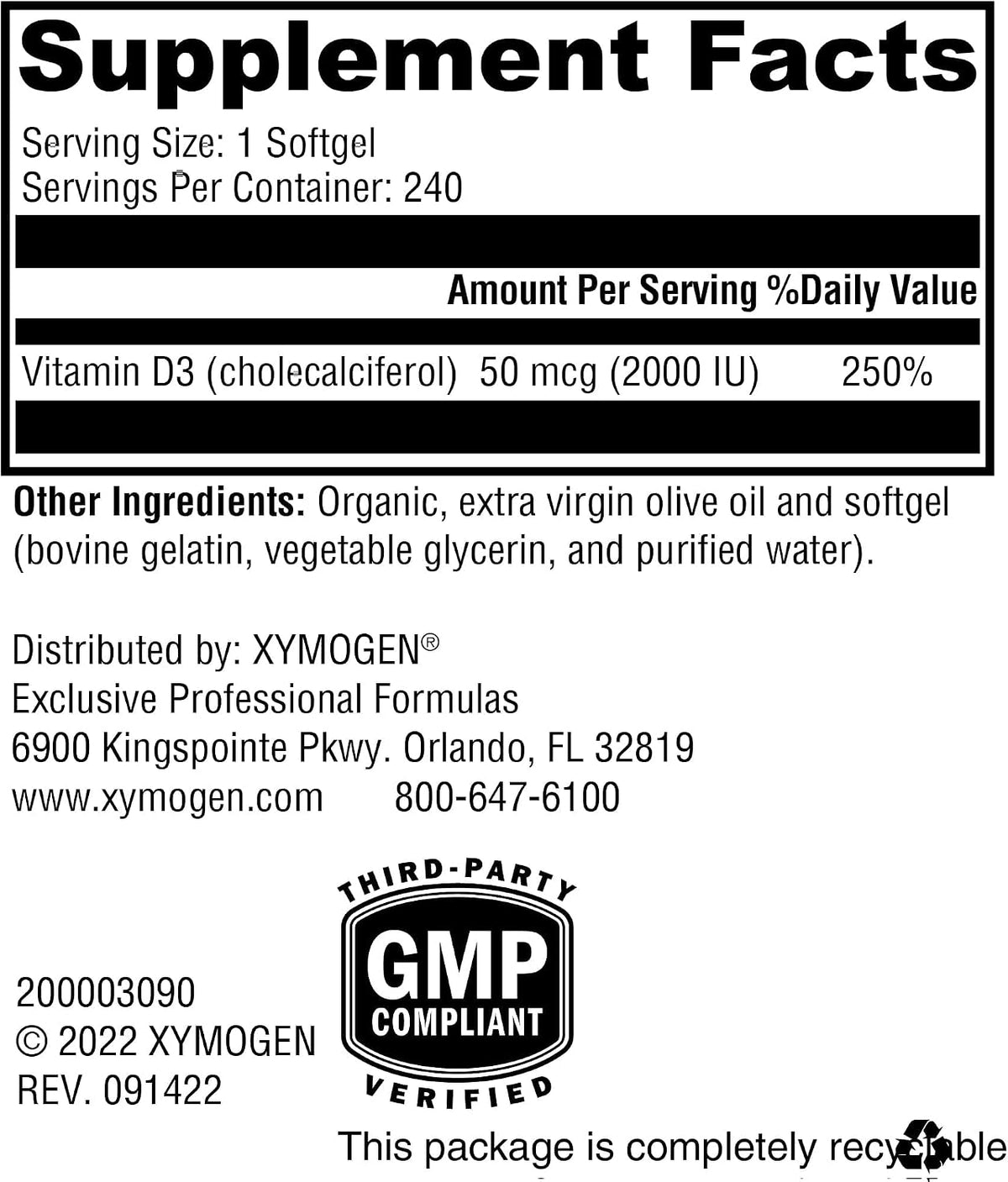 XYMOGEN D3 2000 - Bio-available Vitamin D3 2000 IU (50 µg) Supplement - 240 Softgels - görsel 2