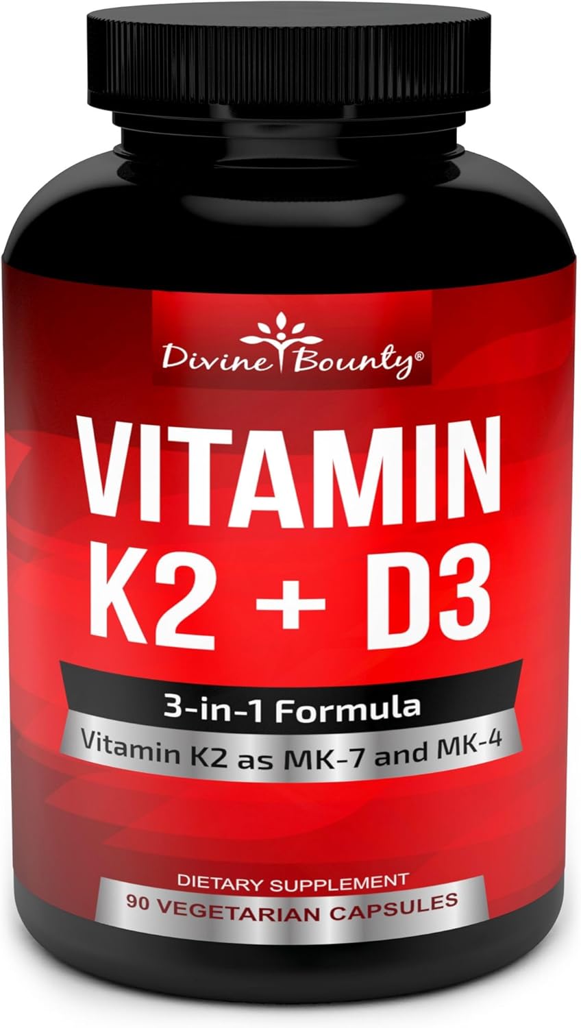 Divine Bounty Vitamin K2 (MK-7 & MK-4) with D3 - 5000 IU D3, 100mcg MK-7, 500mcg MK-4 - 90 Vegetarian Capsules - görsel 1