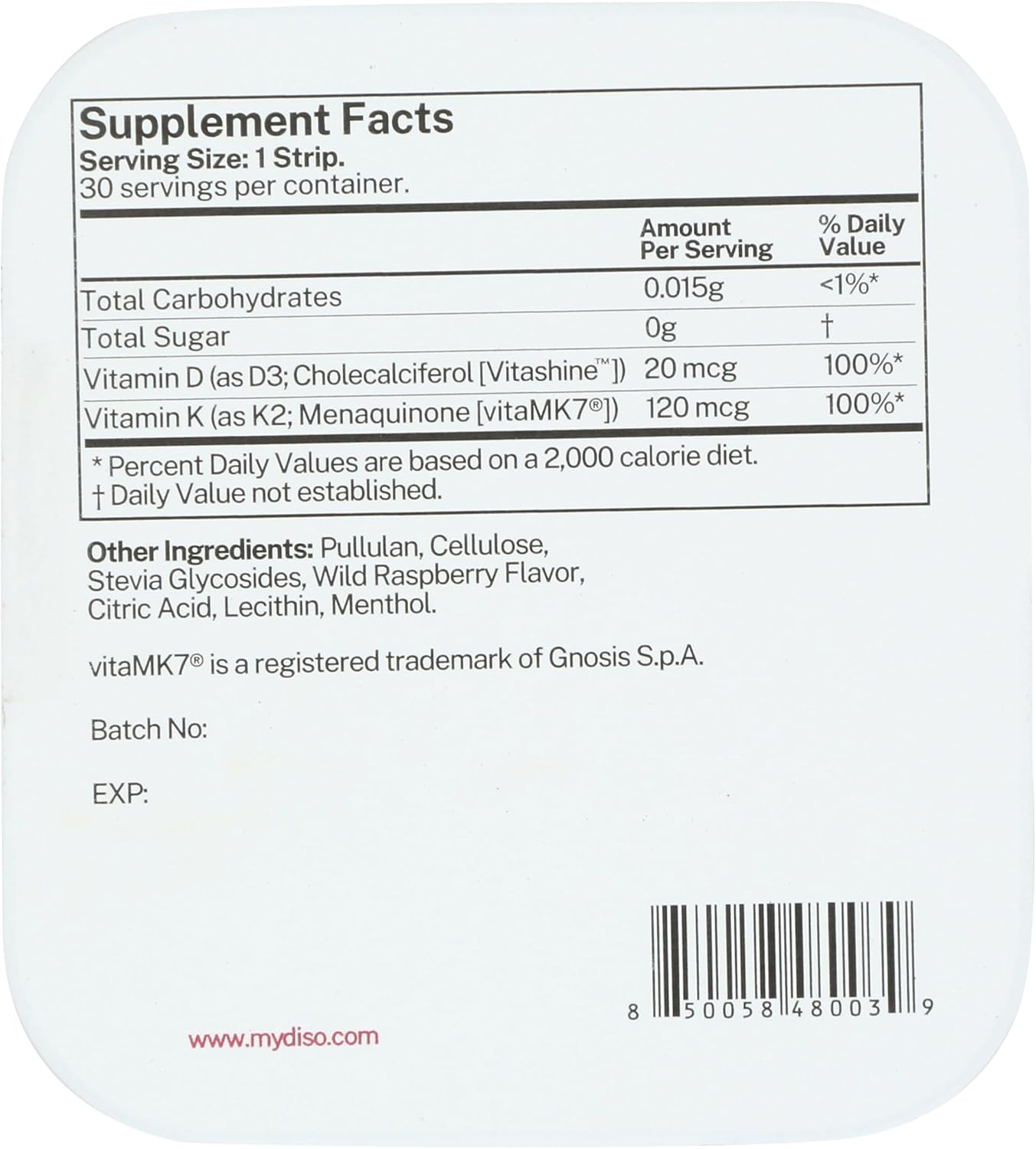 DISO - D3+K2 - Fast-Dissolving Oral Strips, Wild Raspberry Flavour, Vegan, Sugar Free, Maximum Absorption, Gluten-free, for Healthy Bones and Teeth - 30 Individually-Wrapped Dissolvable Strips - görsel 3