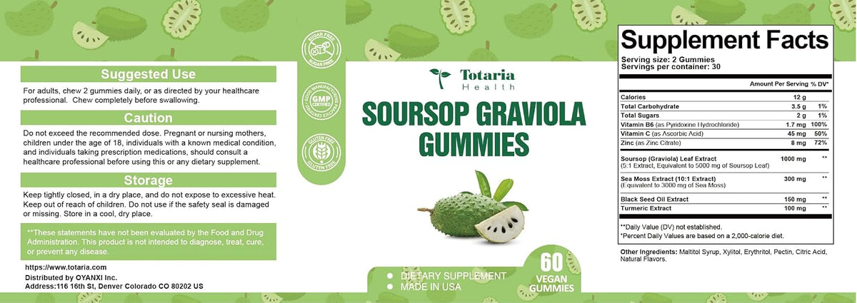 Totaria Sugar Free Soursop Oil Graviola Sea Moss Gummies - Supports Digestive, Sleep, Skin Health, Immunity & Antioxidant - Guanabana Fruit with Sea Moss, 150mg Black Seed Oil Organic Non-GM Vegan - görsel 6