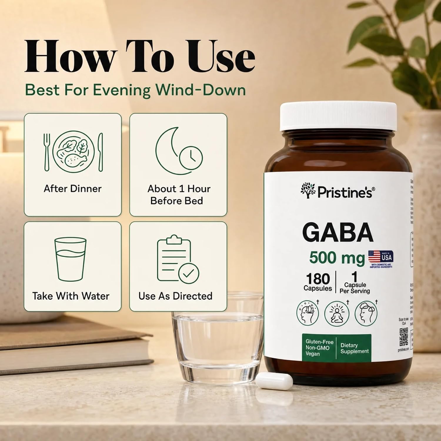 PRISTINE'S GABA 500mg Sleep Support Supplement - 180 Capsules - Calm Mind & Relaxation - görsel 4