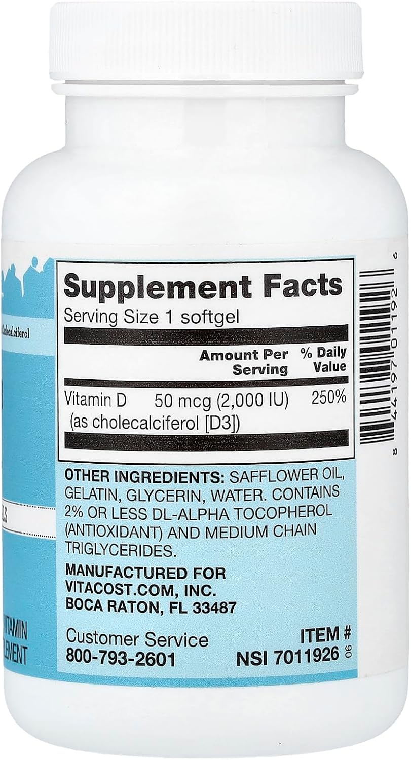 Vitacost Vitamin D3 (as Cholecalciferol) - 2000 IU - 365 Soft gel capsule Mini Gels (Pack of 2) - görsel 2