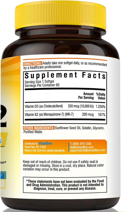 Vitalibre Vitamin D3 & K2 10000 IU + 200 mcg MK-7 - Bone, Heart & Immune Support - 60 Soft gel capsules