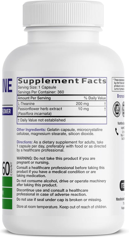 Bronson L-Theanine 200mg (Double Strength) with Passion Flower Herb, Non-GM Gluten-Free Soya-Free Stress Management Supplement, 360 Capsules