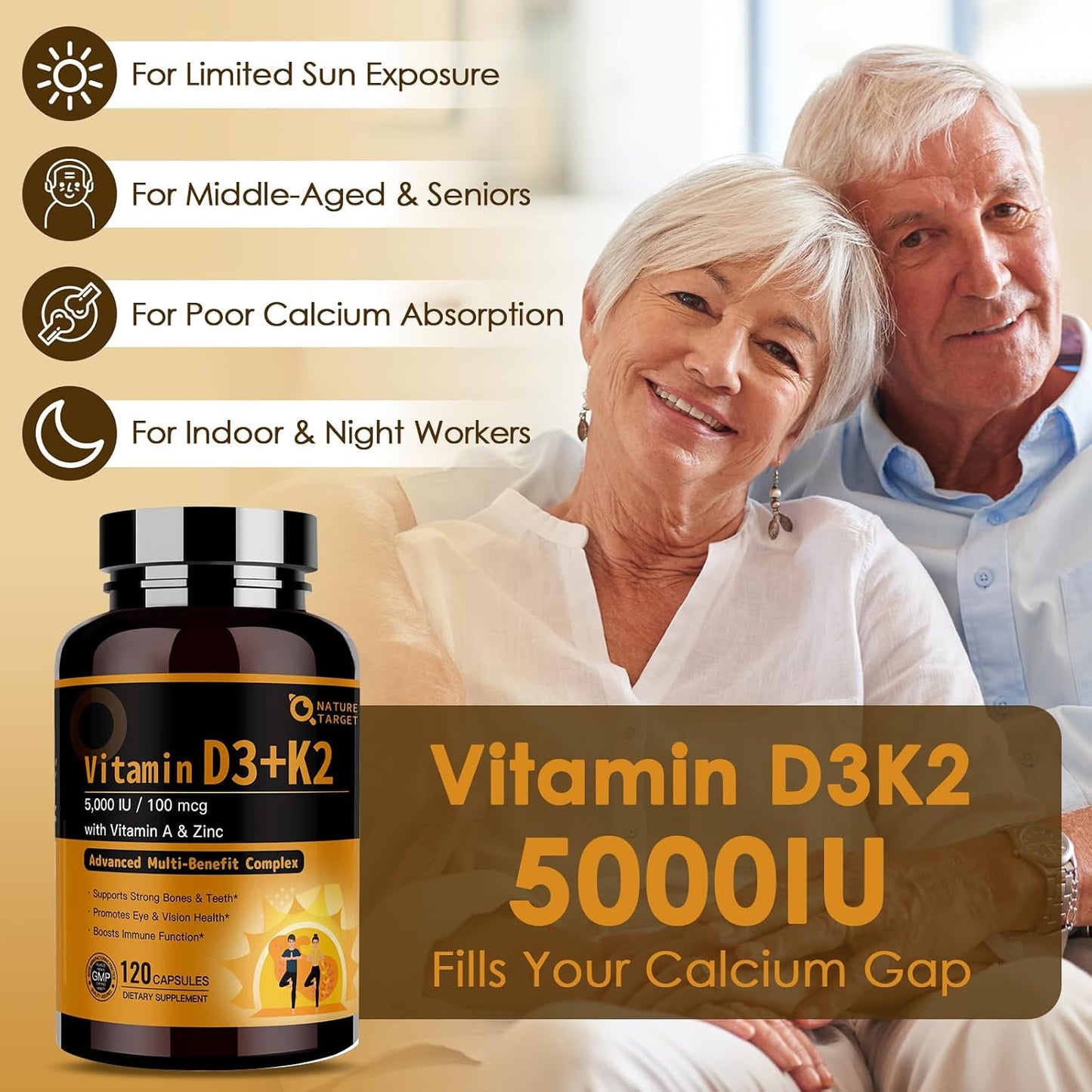 NATURE TARGET Vitamin D3 K2 5-in-1 Complex with Vitamin A – 5000 IU D3, 100 µg K2 MK-7, 120 Capsules - görsel 3