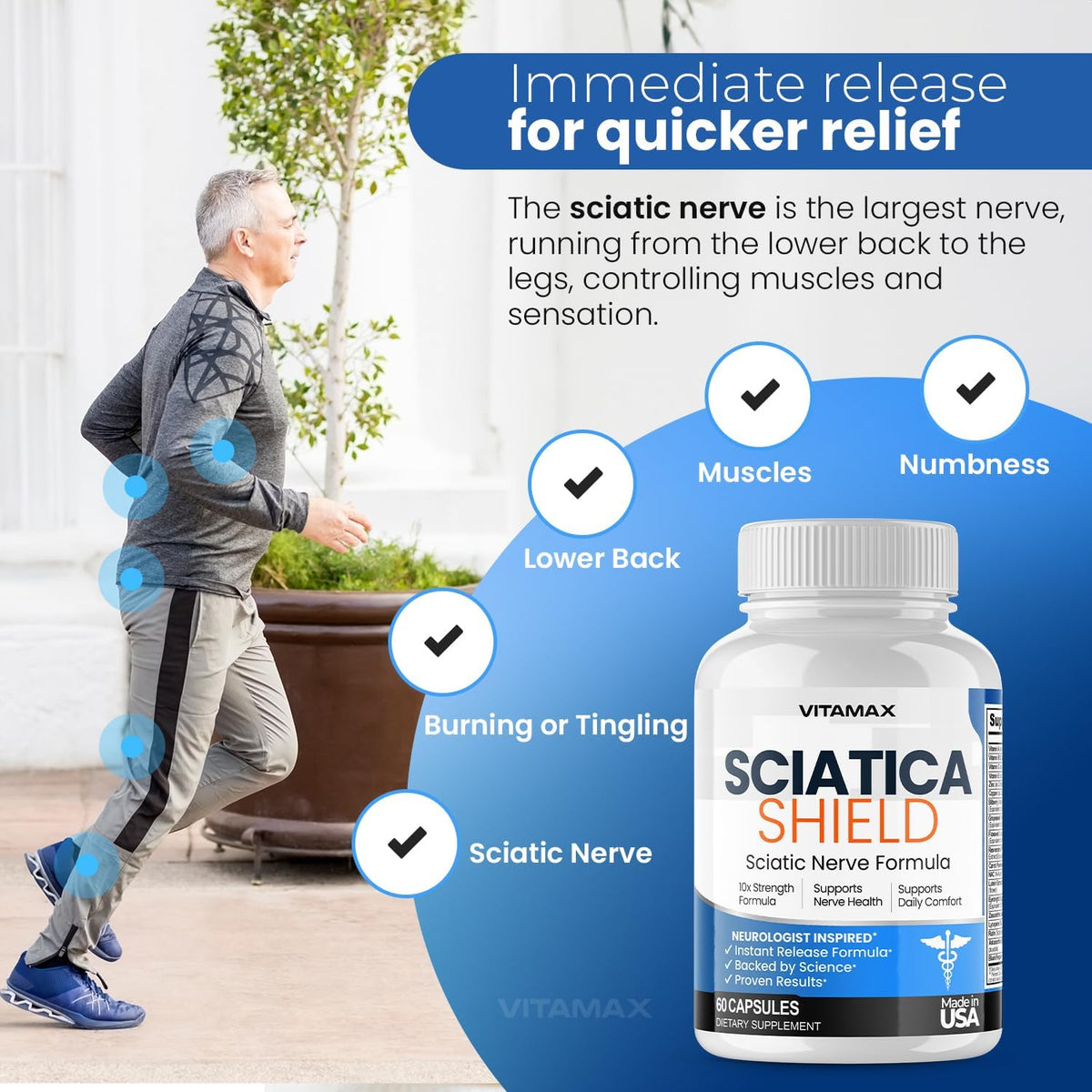 Sciatic Nerve Comfort Supplement – 10-Ingredient Formula with Alpha Lipoic Acid, Turmeric, Glucosamine, MSM, Vitamin B Complex – 60 Capsules - görsel 2