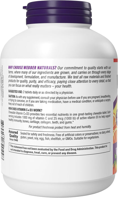Webber Naturals Chewable Vitamin C 1000mg + D3, Orange Flavour, 200 Tablets