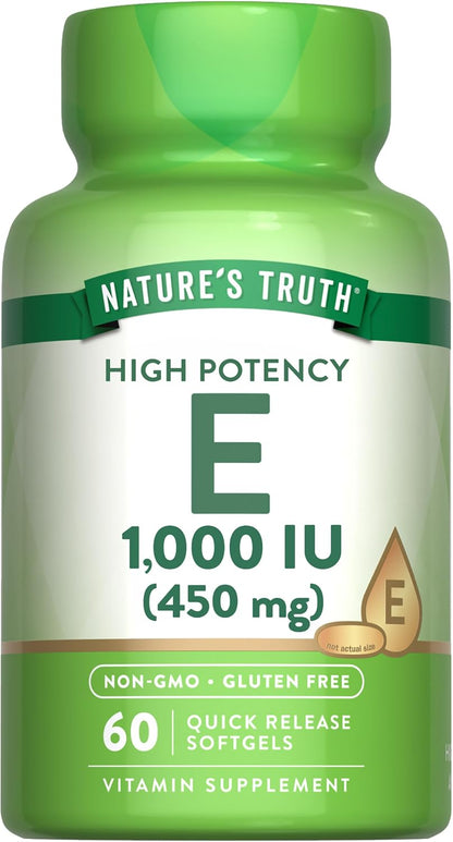 Nature's Truth Vitamin E Softgels | 1000 IU | 60 Count | Non-GM & Gluten-free Supplement
