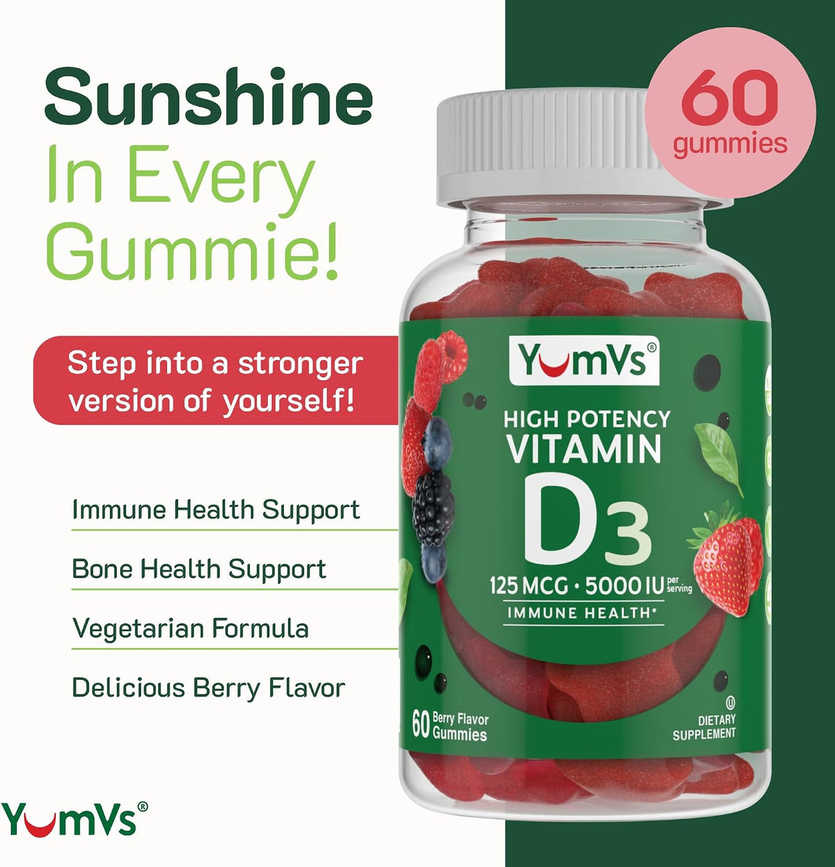 YUM-V'S Vitamin D3 Gummies 5000 IU - Immune Support & Bone Health - Non-GMO, Gluten-Free (60 Count) - görsel 3