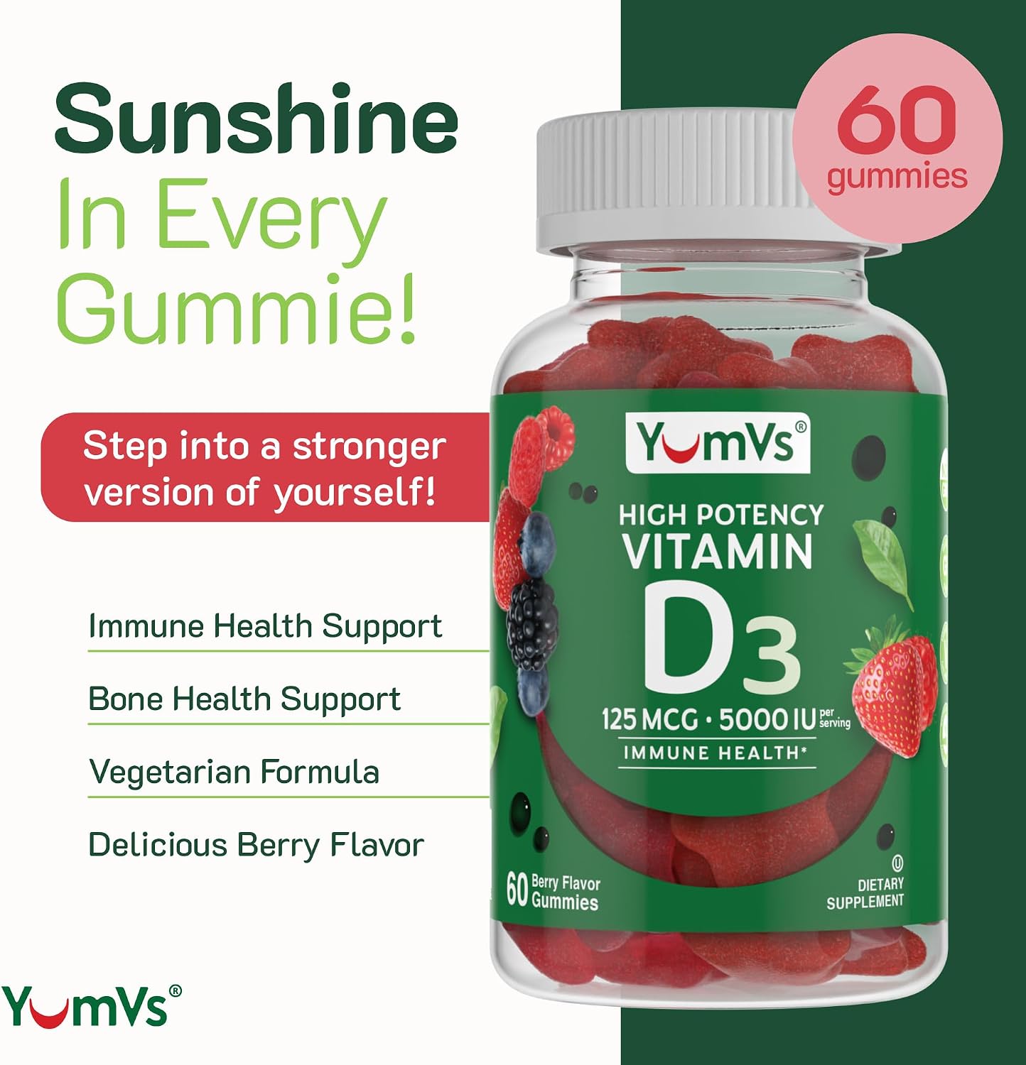 YUM-V'S Vitamin D3 Gummies 5000 IU - Immune Support & Bone Health - Non-GMO, Gluten-Free (60 Count) - görsel 3