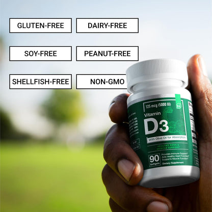 Essential Elements Vitamin D3 5000 IU – Soft gel capsules with Olive Oil – Bone, Muscle and Immune Support – 90 Soft gel capsules
