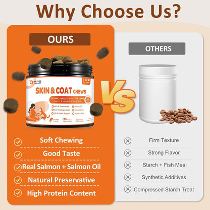 NATURE TARGET Omega-3 Fish Oil for Dogs, Salmon Flavour - 120 Soft Chews with EPA, DHA, Zinc, Biotin, Vitamin E and C