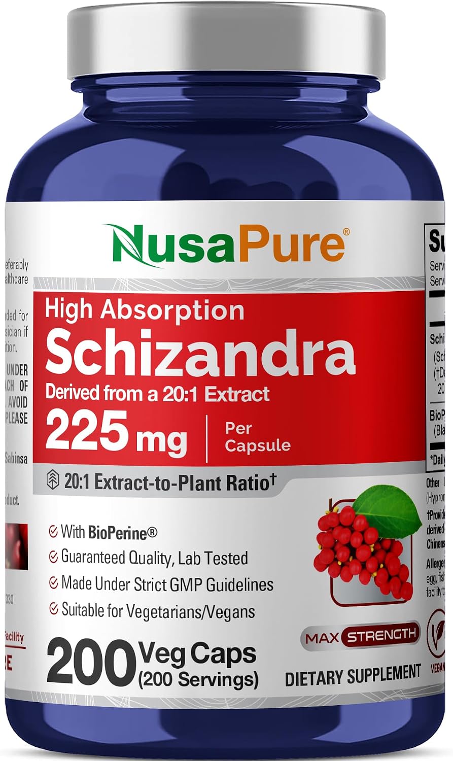 NusaPure Schizandra Berries Capsules, 225 mg, 200 Veg Capsules (Non-GMO, Vegan) - görsel 1